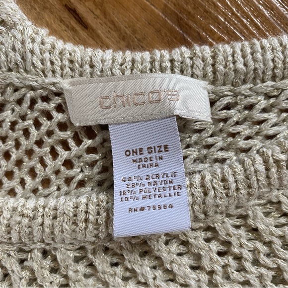 CHICO’S OS Cream Metallic Sparkle Open Knit Kimono Sweater Pullover Lagenlook - Picture 9 of 16